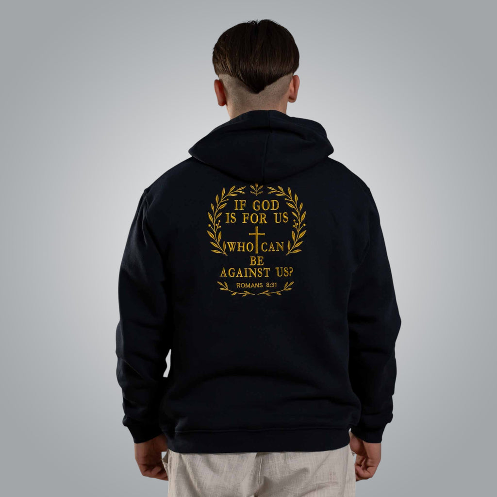 Gold embroidery on the back with Bible verse Romans 8:31