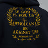 Detail view of gold embroidery on the back with Bible verse Romans 8:31