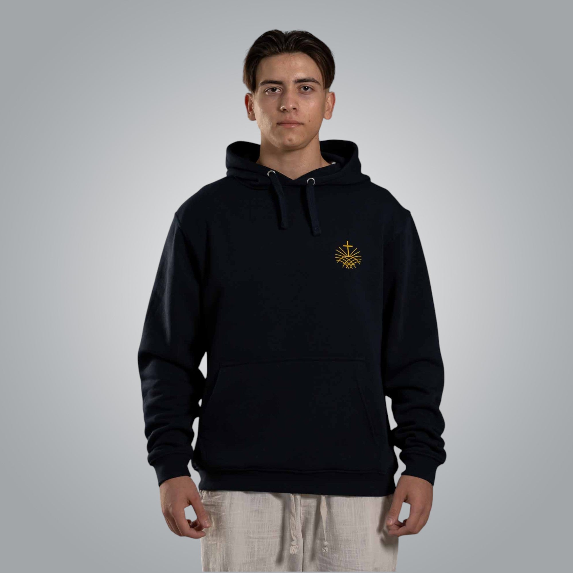 men’s hoodie with gold embroidered Loom in Light logo on the chest