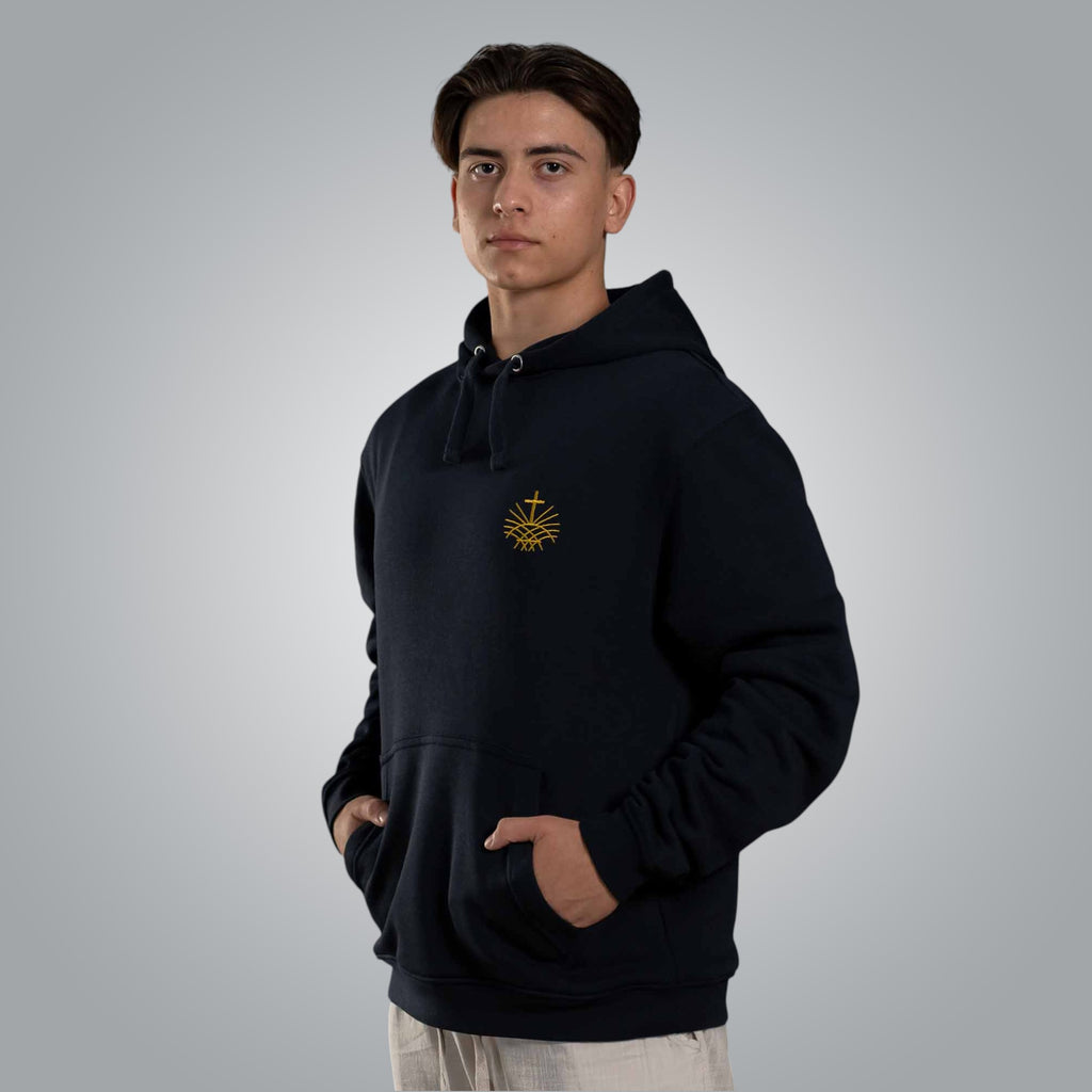 Men’s hoodie with gold embroidered Loom in Light logo on the chest