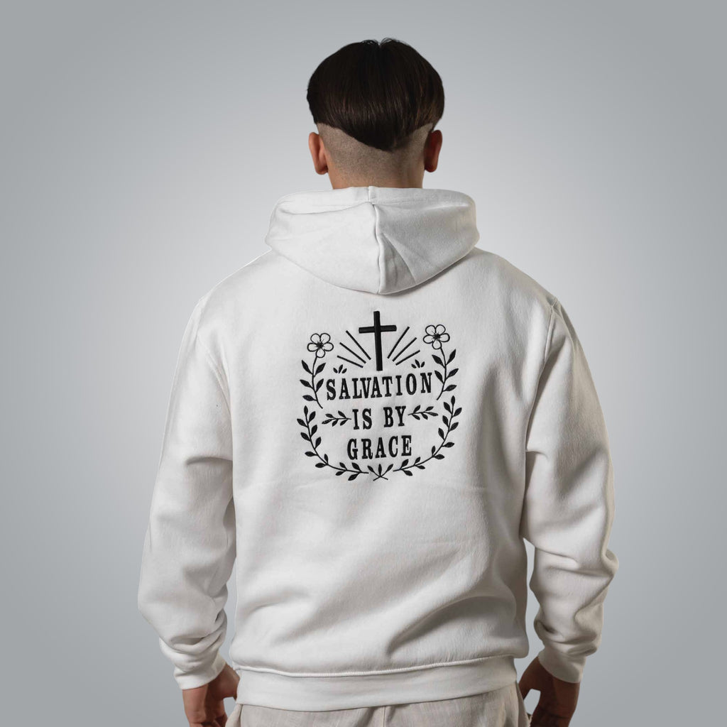 Back of men’s white hoodie with black embroidered message Salvation Is by Grace