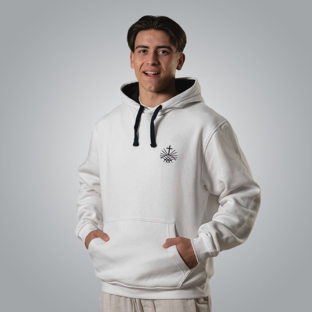 Man wearing white Christian hoodie with black embroidered Loom in Light emblem on the chest