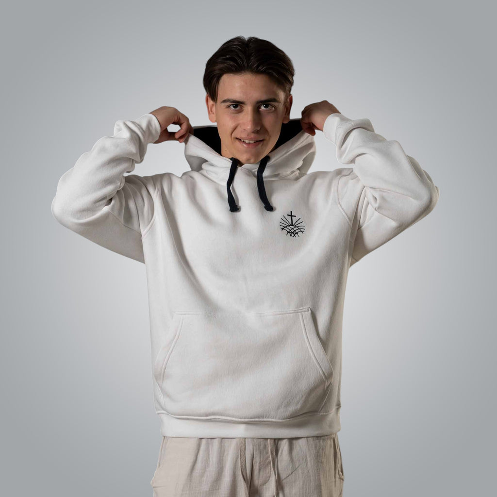 Front view of men’s white hoodie with black embroidered cross emblem