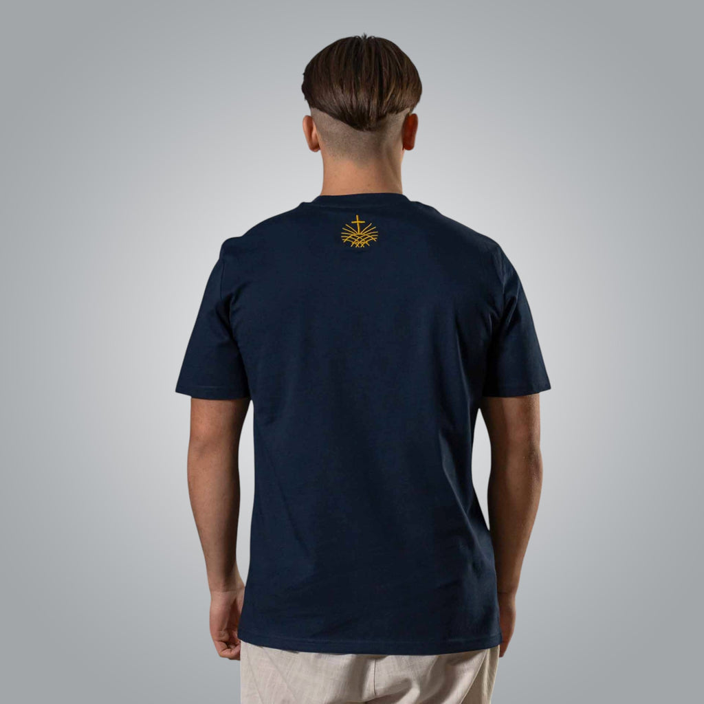 Back view of navy men’s t shirt with gold embroidered Loom in Light logo