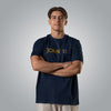 Front view of man in navy Christian t shirt with gold embroidered John 1:1 verse