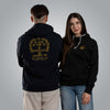 Man and woman wearing black hoodies with embroidered Loom in Light logo and Romans 8:31 design on the back