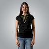 Woman wearing black V neck Christian t shirt with embroidered dove and floral design