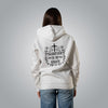 Back of white women’s hoodie with black embroidered message Salvation Is by Grace and cross motif