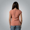 Back view of peach women’s V neck Christian t shirt with embroidered Loom in Light emblem