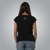 Back view of woman wearing black V neck Christian t shirt with gold embroidered Loom in Light emblem
