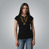 Woman wearing black V neck Christian t shirt with embroidered Bible cross and branch design