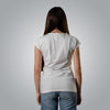 Back view of white women’s V neck Christian t shirt with embroidered Loom in Light emblem