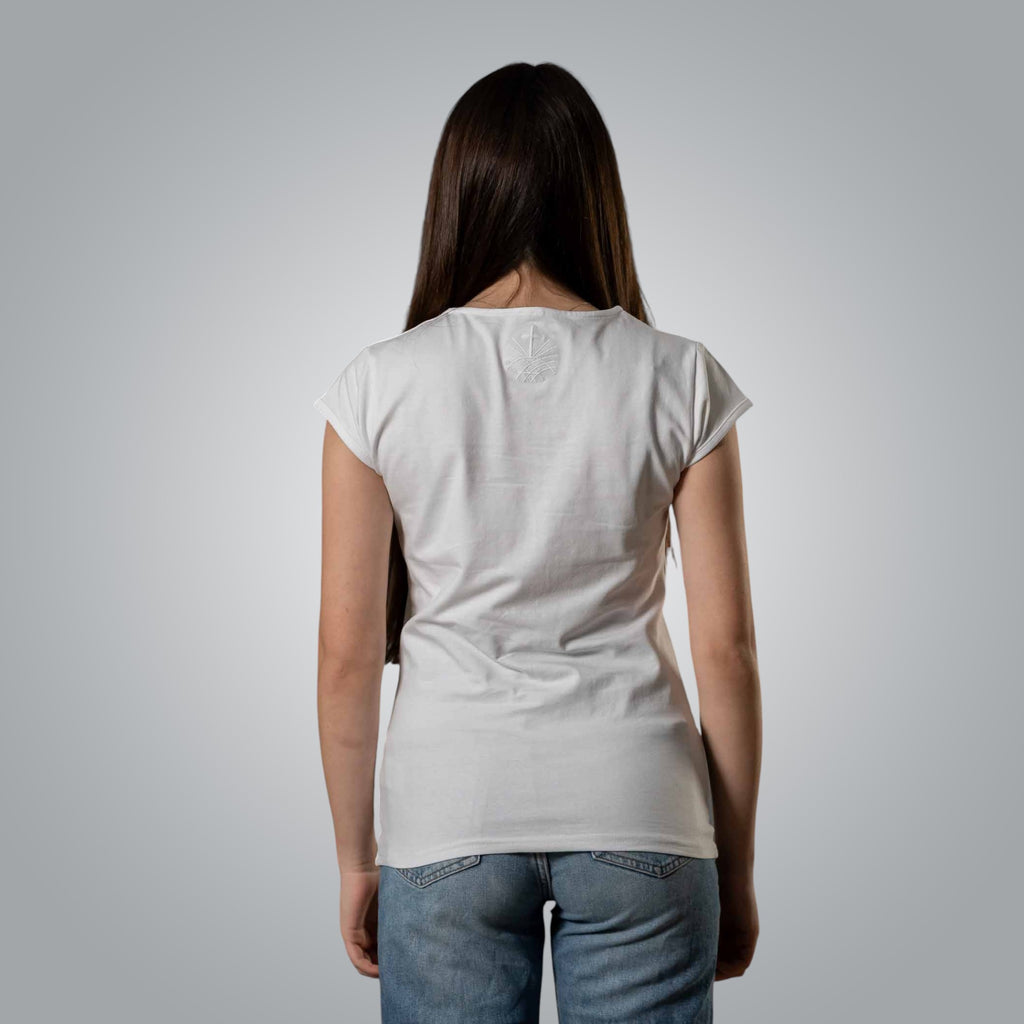 Back view of white women’s V neck Christian t shirt with embroidered Loom in Light emblem