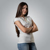 Front view of woman in white Christian V neck t shirt with dove and floral embroidery